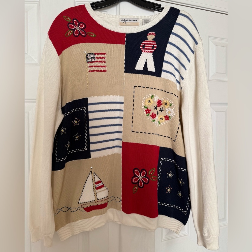 NWT Alfred Dunner Colorful Patchwork Sweater Patriotic 1X Stitched Floral Cotton
